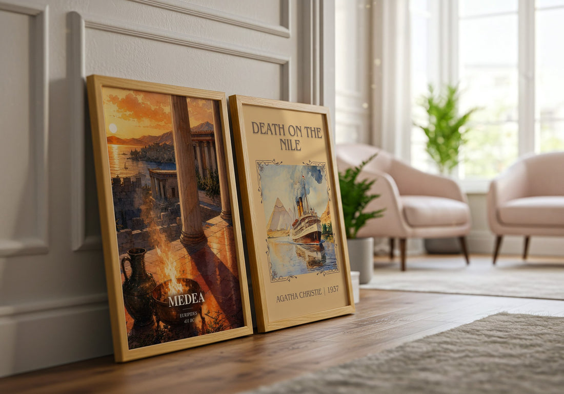 Medea watercolour print framed by window – literary home decor
