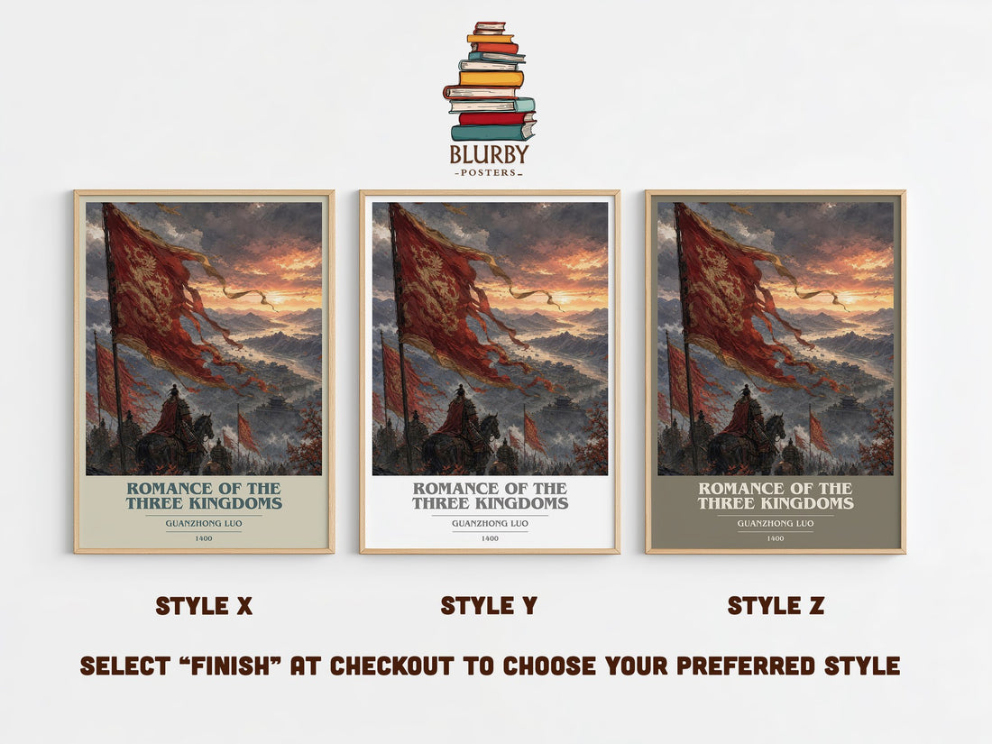Romance of the Three Kingdoms book cover print in frame leaning in hallway – historical fiction wall art (mockup)