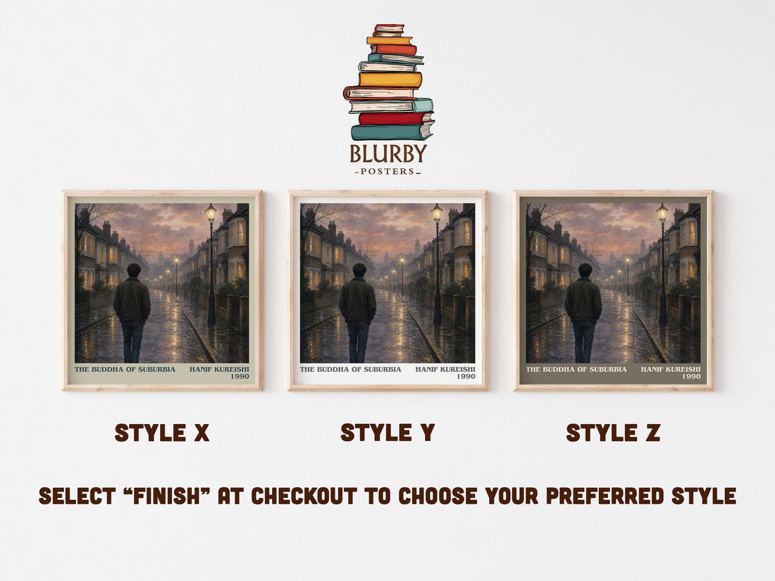The Buddha of Suburbia literary print in frame leaning in hallway – coming of age wall art (mockup)