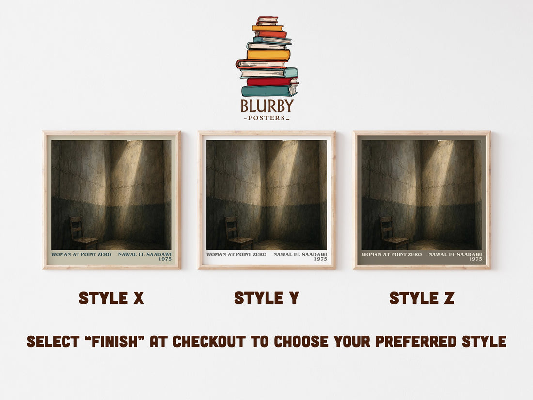 Woman at Point Zero literary print in frame leaning in hallway – literary fiction wall art (mockup)