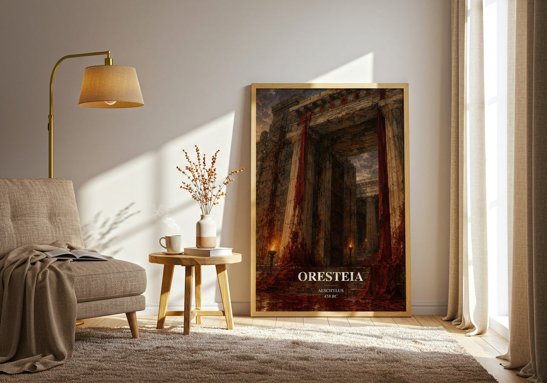 Oresteia watercolour print in frame leaning in hallway – classic literature wall art