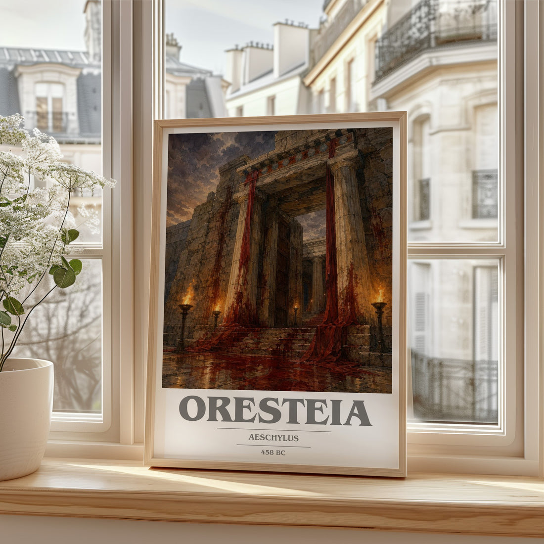 Oresteia book cover print in frame leaning in hallway – classic literature wall art