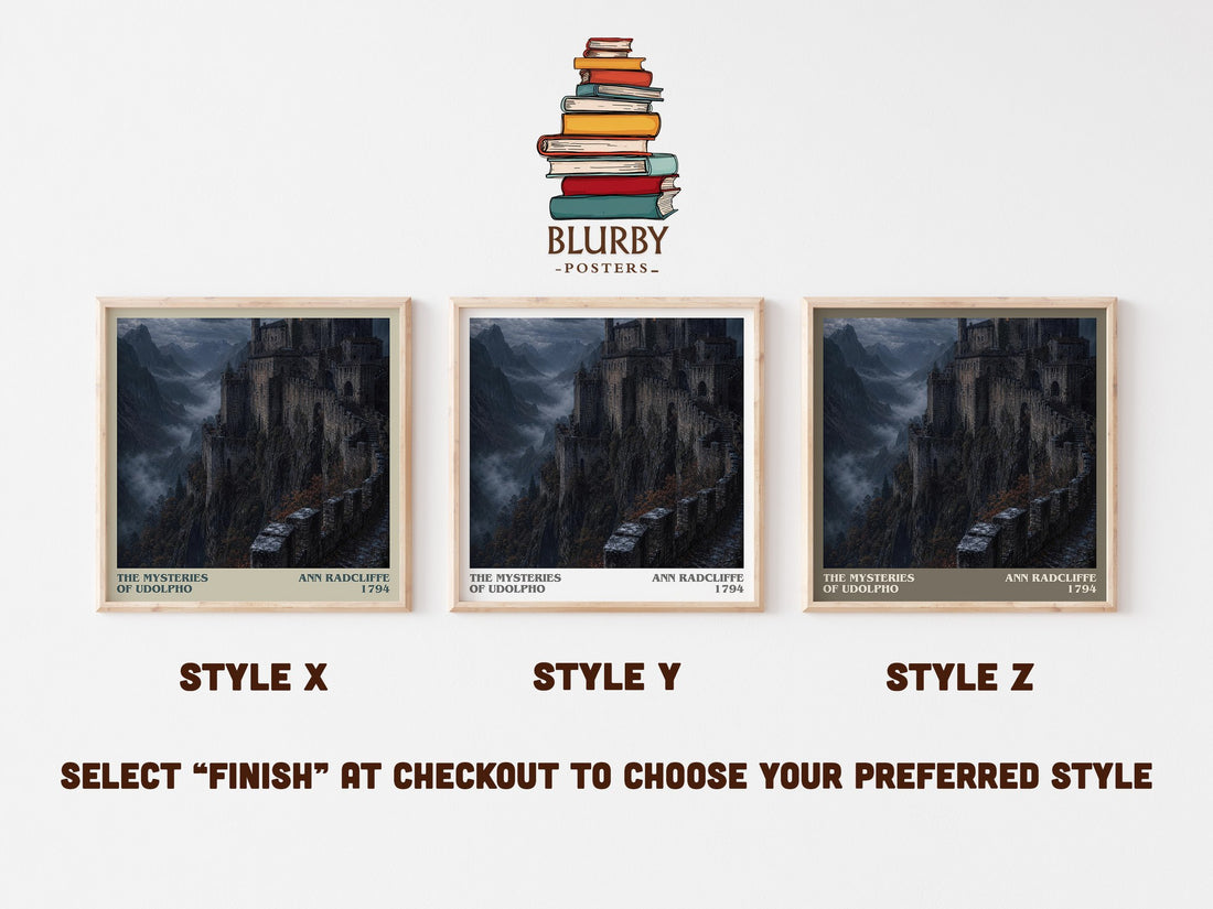 The Mysteries of Udolpho literary print in frame leaning in hallway – gothic wall art (mockup)