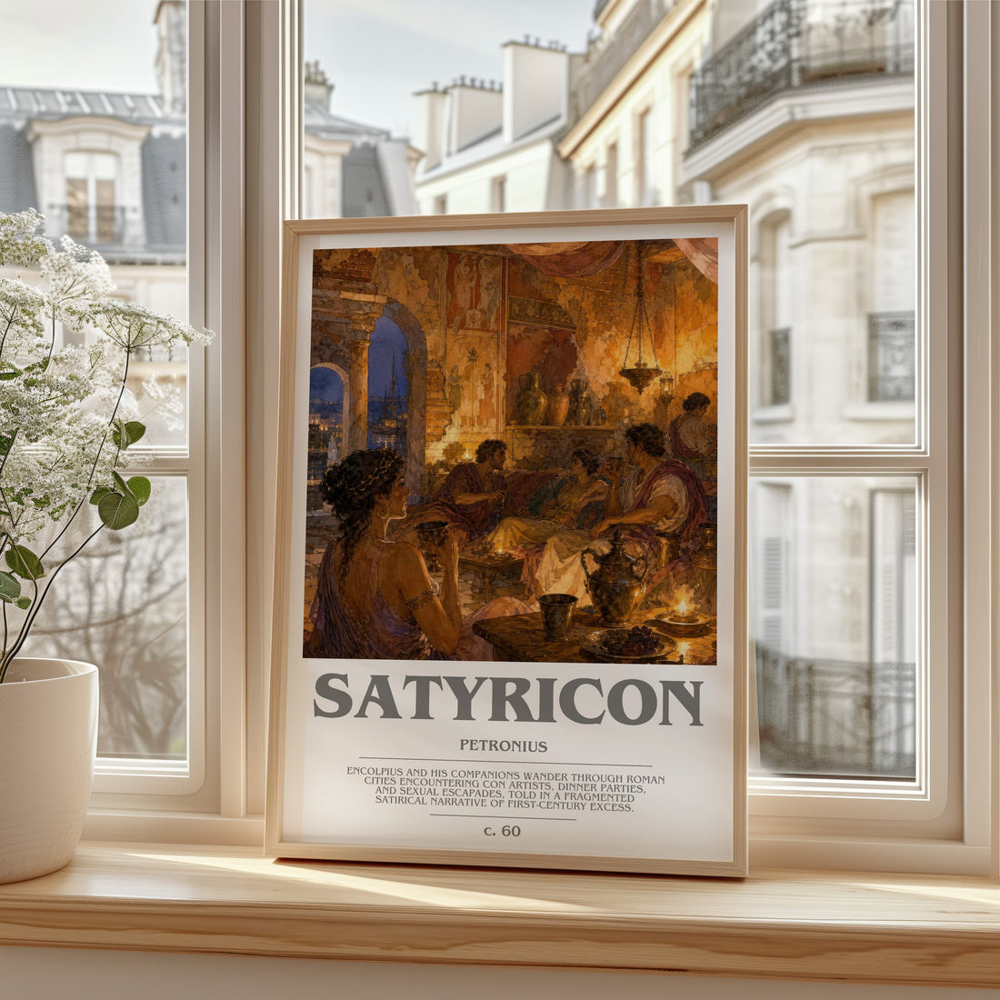 Satyricon bookish print in frame leaning in hallway – satire wall art