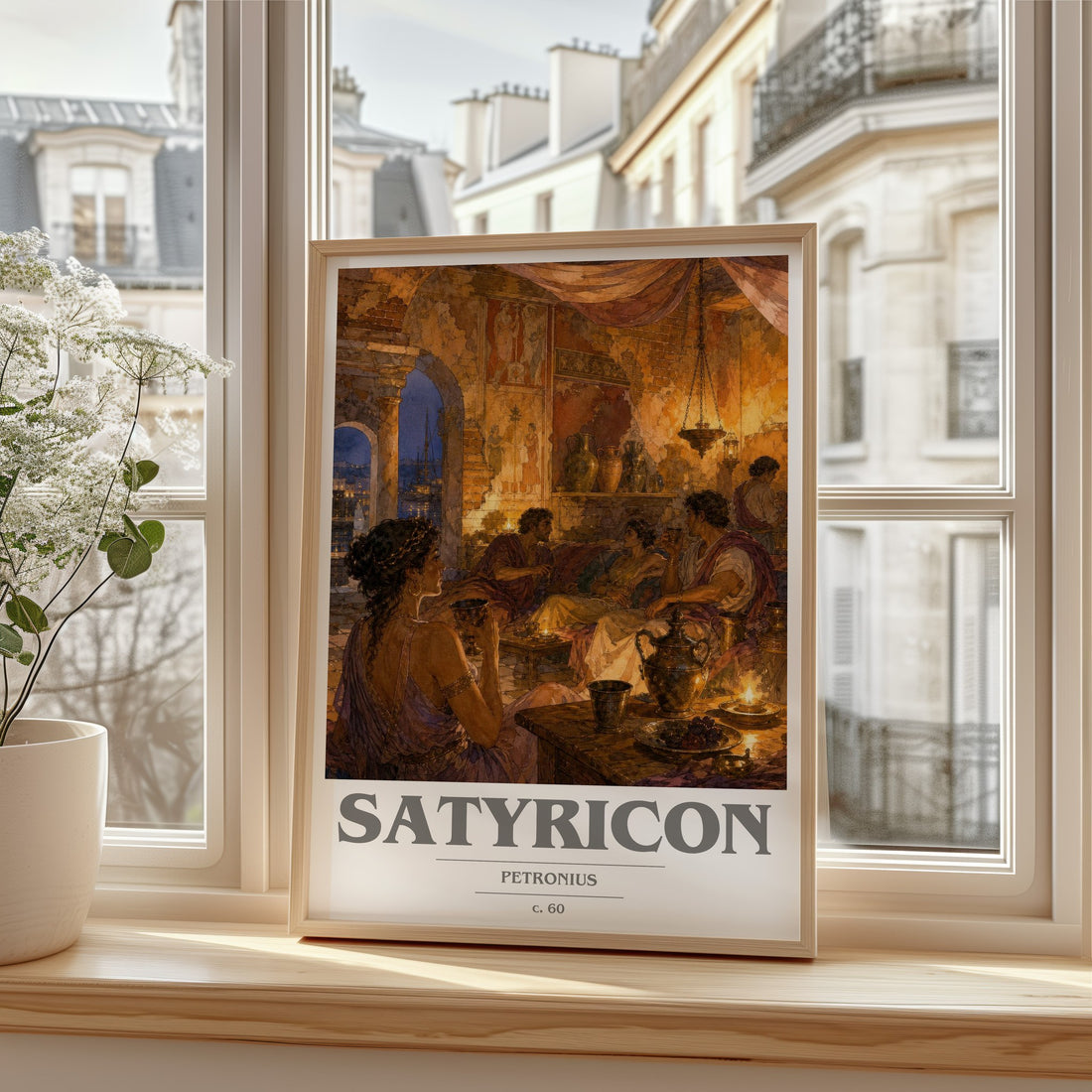 Satyricon book cover print in frame leaning in hallway – satire wall art