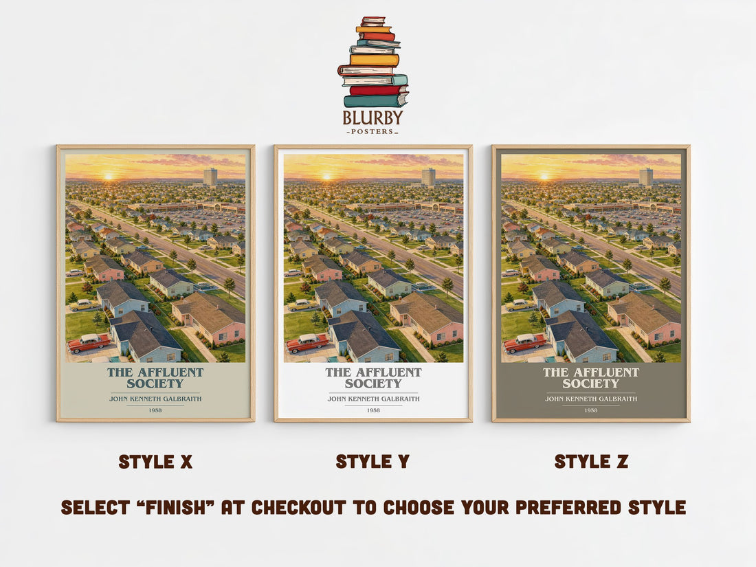 The Affluent Society book cover print in frame leaning in hallway – non fiction wall art (mockup)