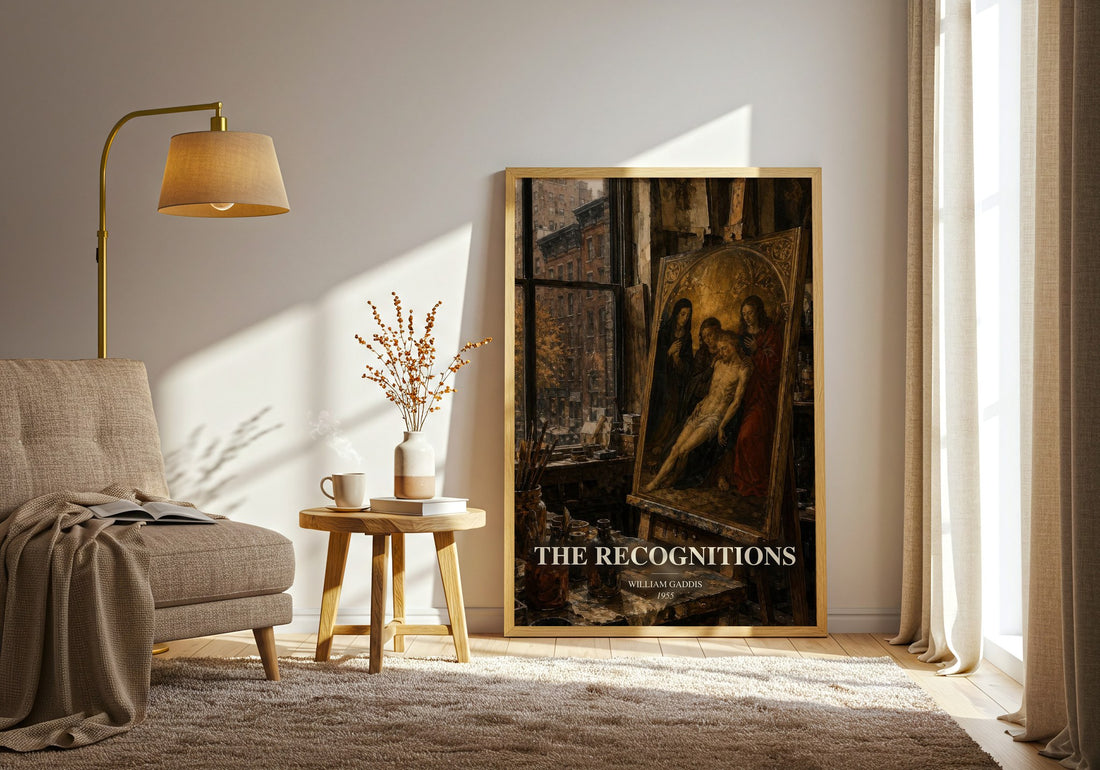 The Recognitions watercolour print in frame leaning in hallway – literary fiction wall art