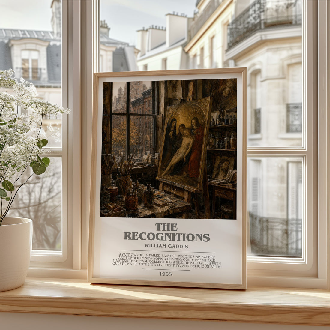 The Recognitions bookish print in frame leaning in hallway – literary fiction wall art