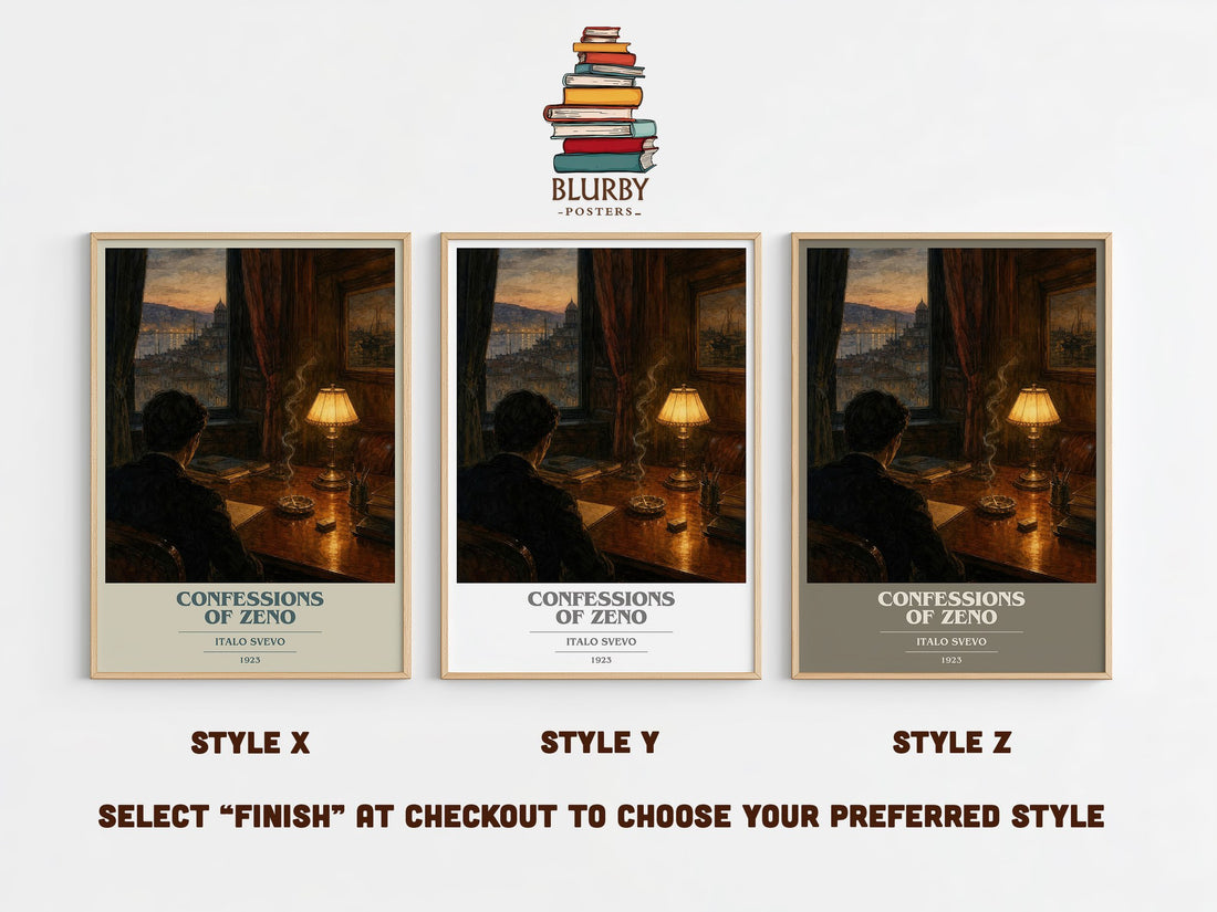 Confessions of Zeno book cover print in frame leaning in hallway – literary fiction wall art (mockup)