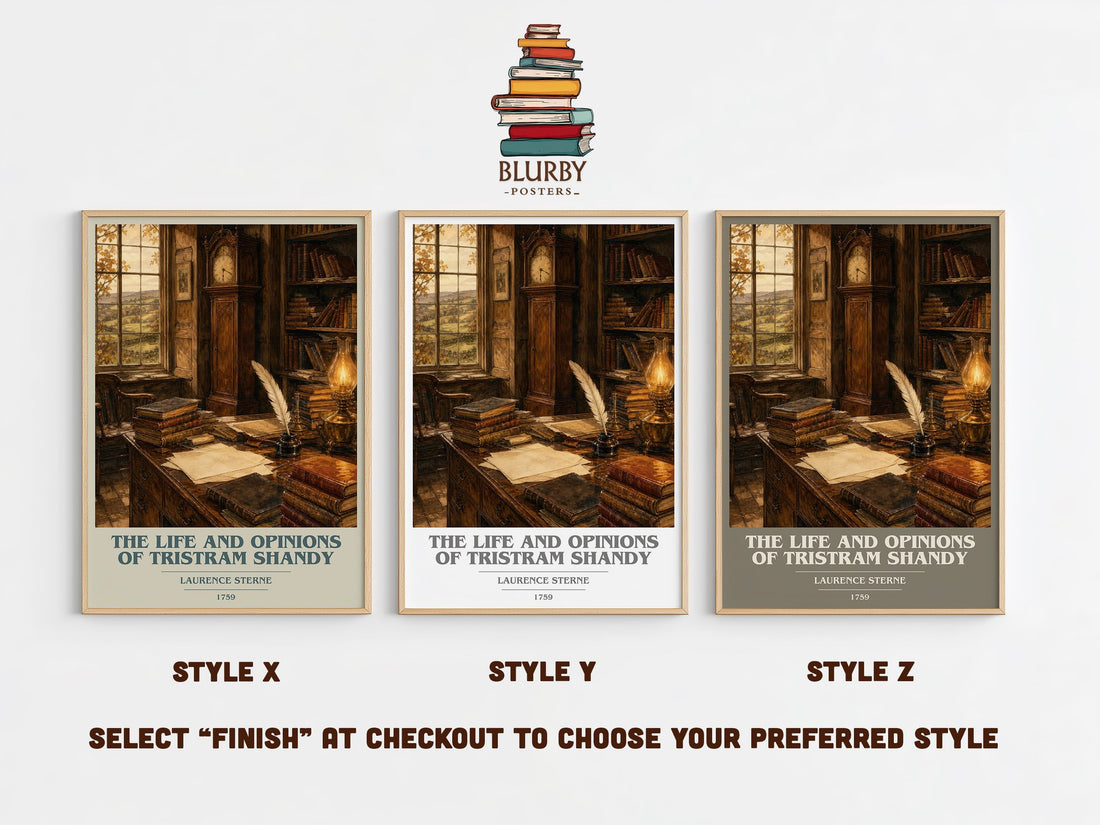 The Life And Opinions Of Tristram Shandy book cover print in frame leaning in hallway – classic literature wall art (mockup)