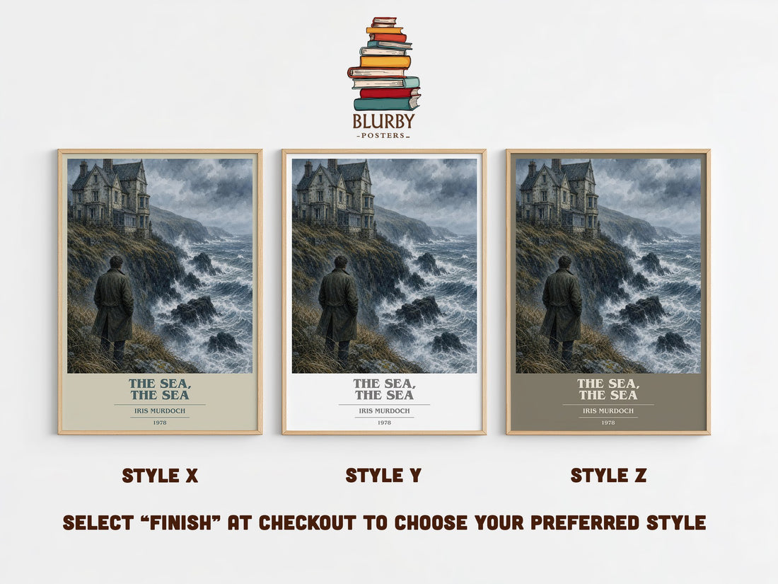 The Sea, The Sea book cover print in frame leaning in hallway – literary fiction wall art (mockup)