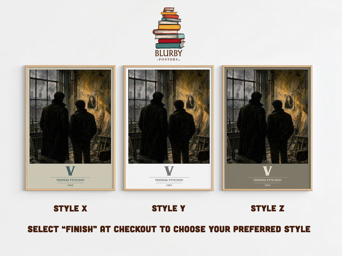V book cover print in frame leaning in hallway – literary fiction wall art (mockup)