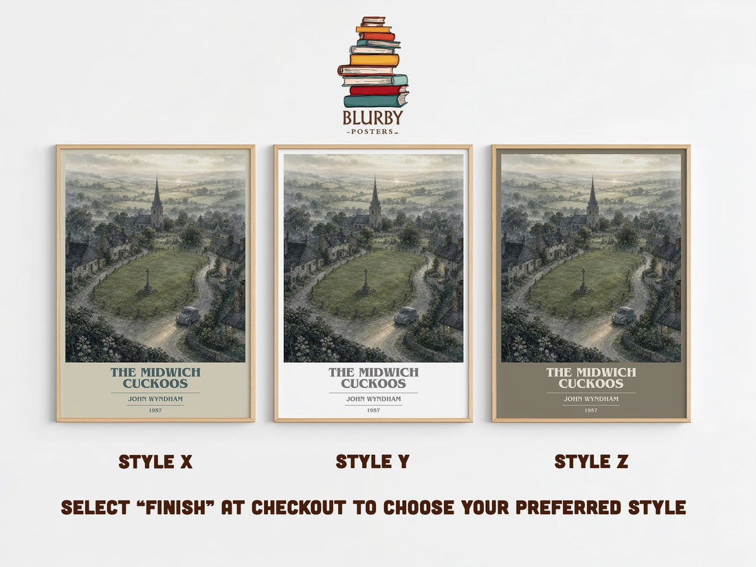 The Midwich Cuckoos book cover print in frame leaning in hallway – sci fi wall art (mockup)