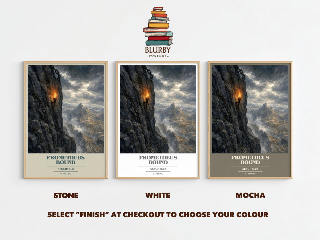 Prometheus Bound book cover print framed by window – Stone, White and Mocha side by side – choose your colour