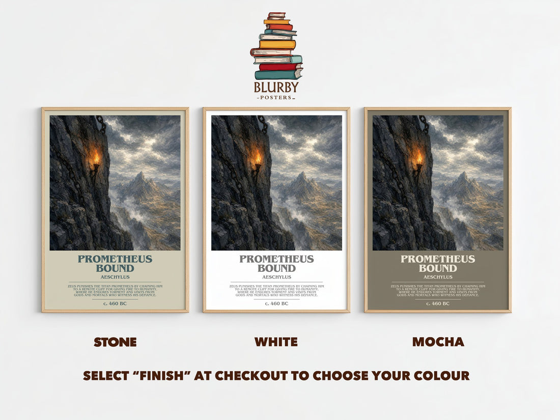 Prometheus Bound bookish print framed by window – Stone, White and Mocha side by side – choose your colour