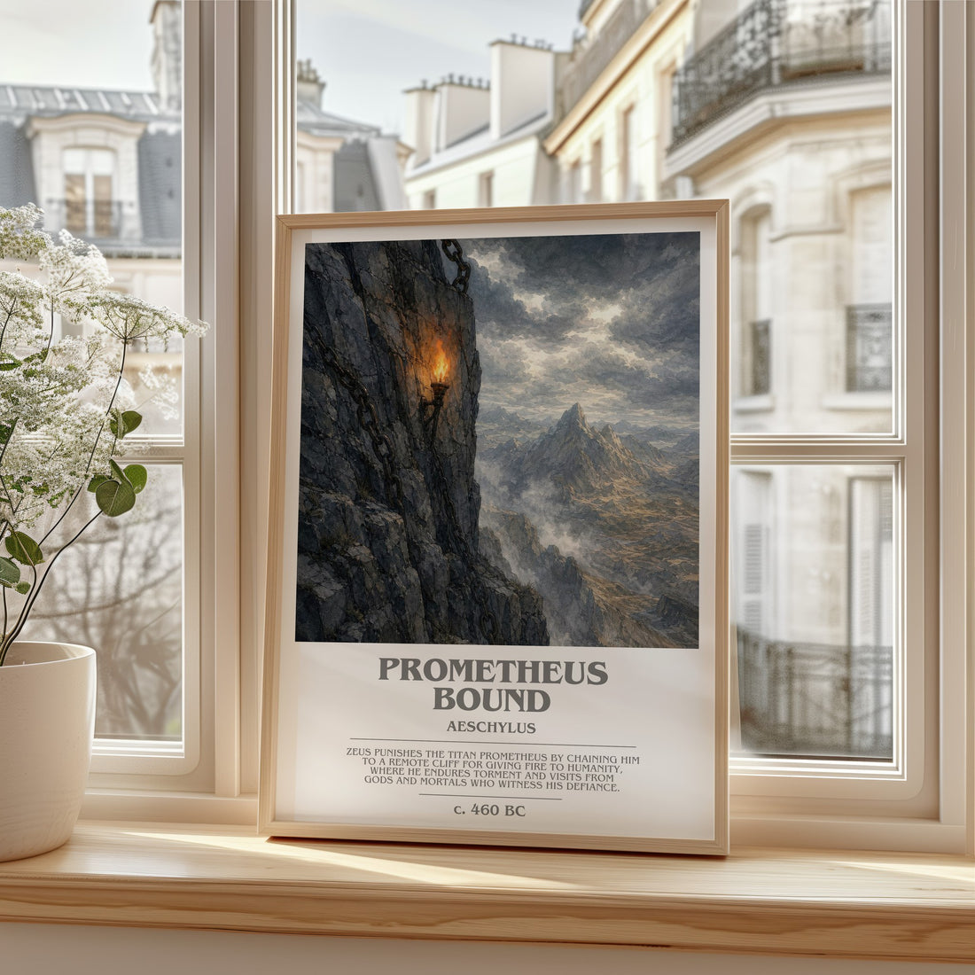 Prometheus Bound bookish print in frame leaning in hallway – classic literature wall art