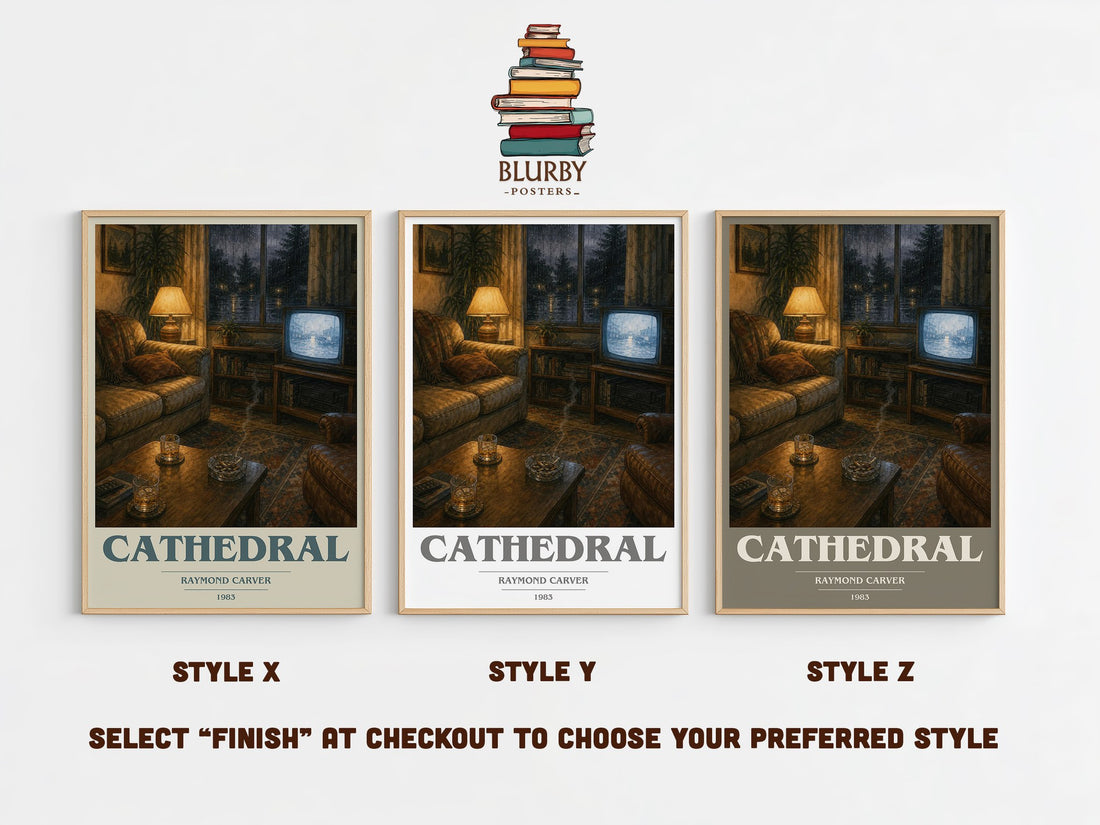 Cathedral book cover print in frame leaning in hallway – literary fiction wall art (mockup)