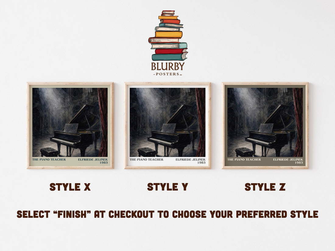The Piano Teacher literary print in frame leaning in hallway – literary fiction wall art (mockup)