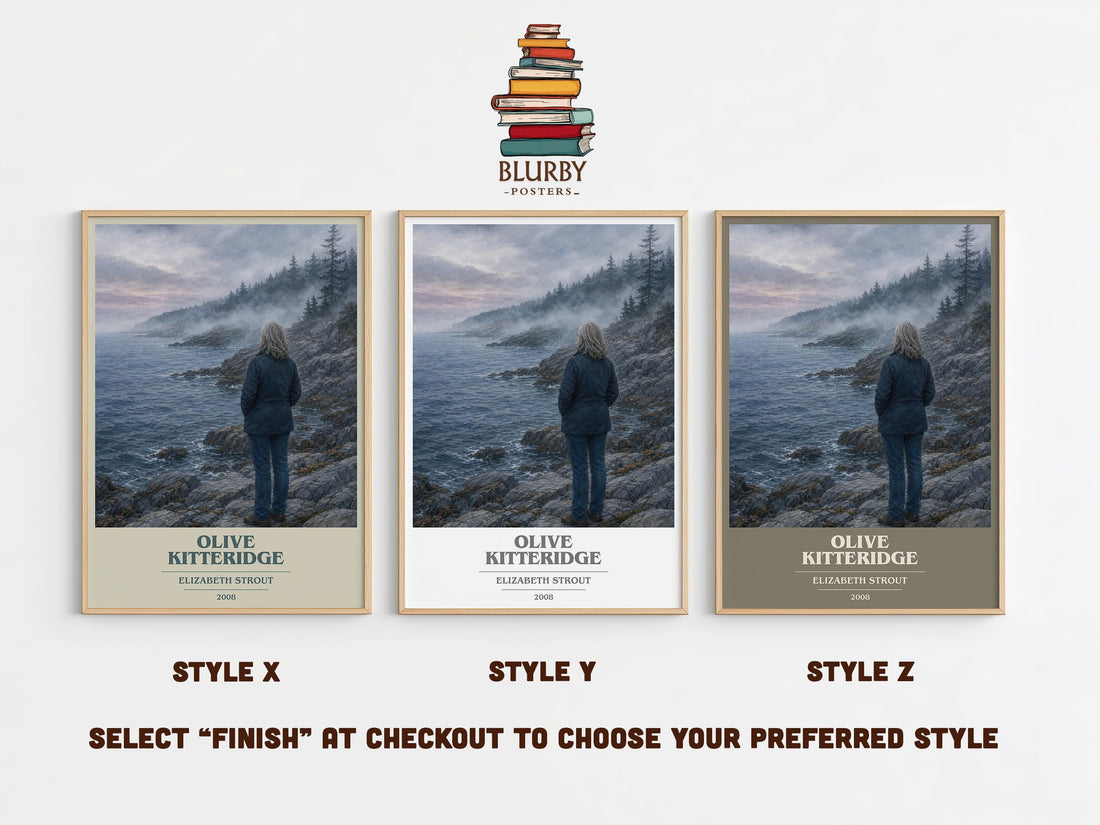 Olive Kitteridge book cover print in frame leaning in hallway – literary fiction wall art