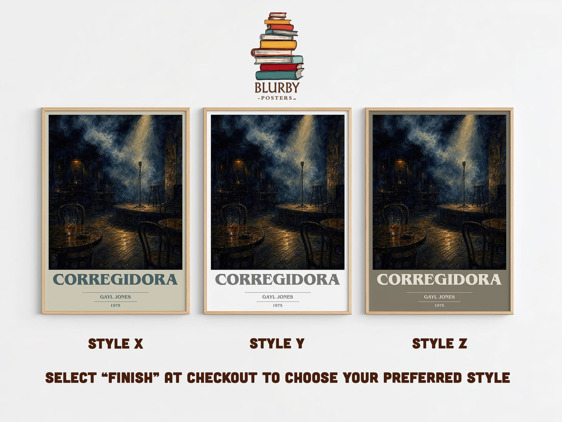 Corregidora book cover print in frame leaning in hallway – literary fiction wall art (mockup)