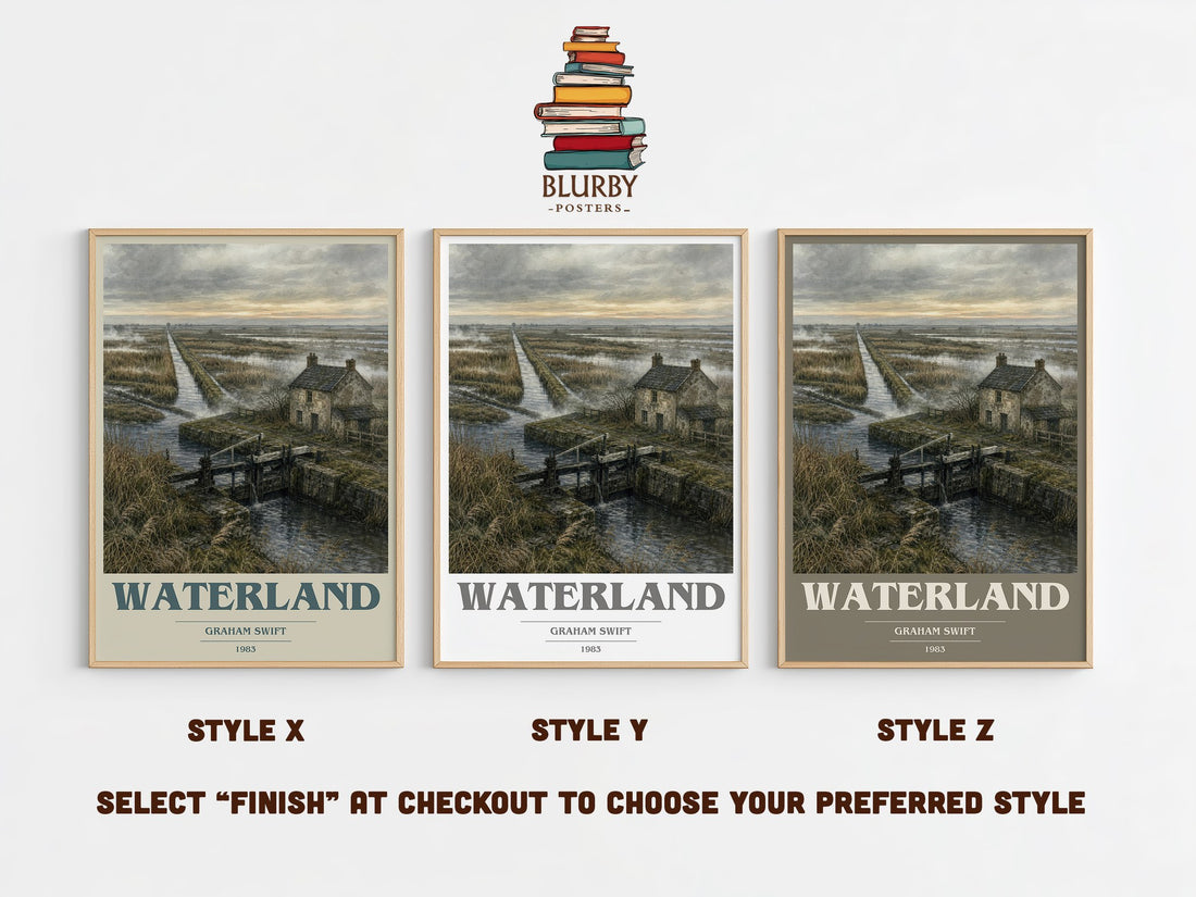Waterland book cover print in frame leaning in hallway – literary fiction wall art (mockup)