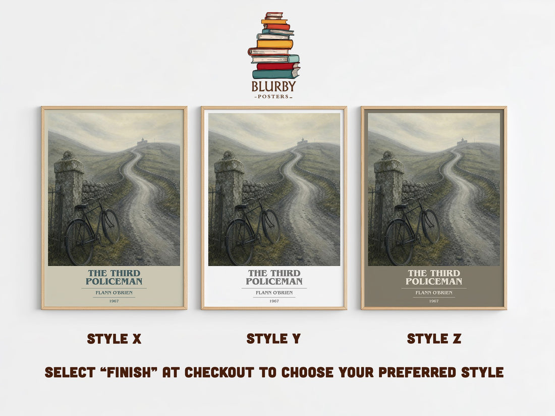 The Third Policeman book cover print in frame leaning in hallway – literary fiction wall art (mockup)