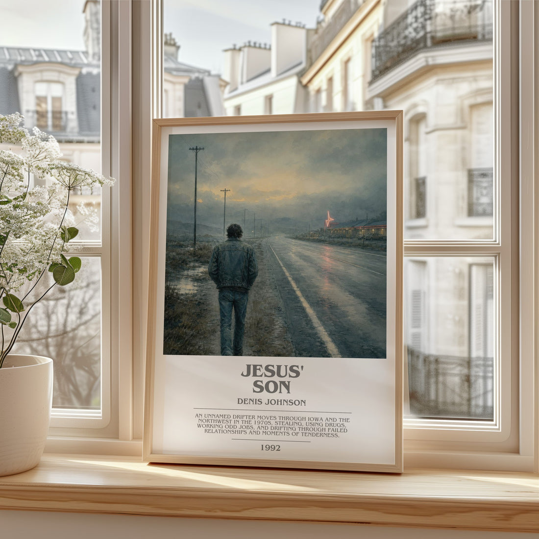Jesus' Son bookish print in frame leaning in hallway – literary fiction wall art