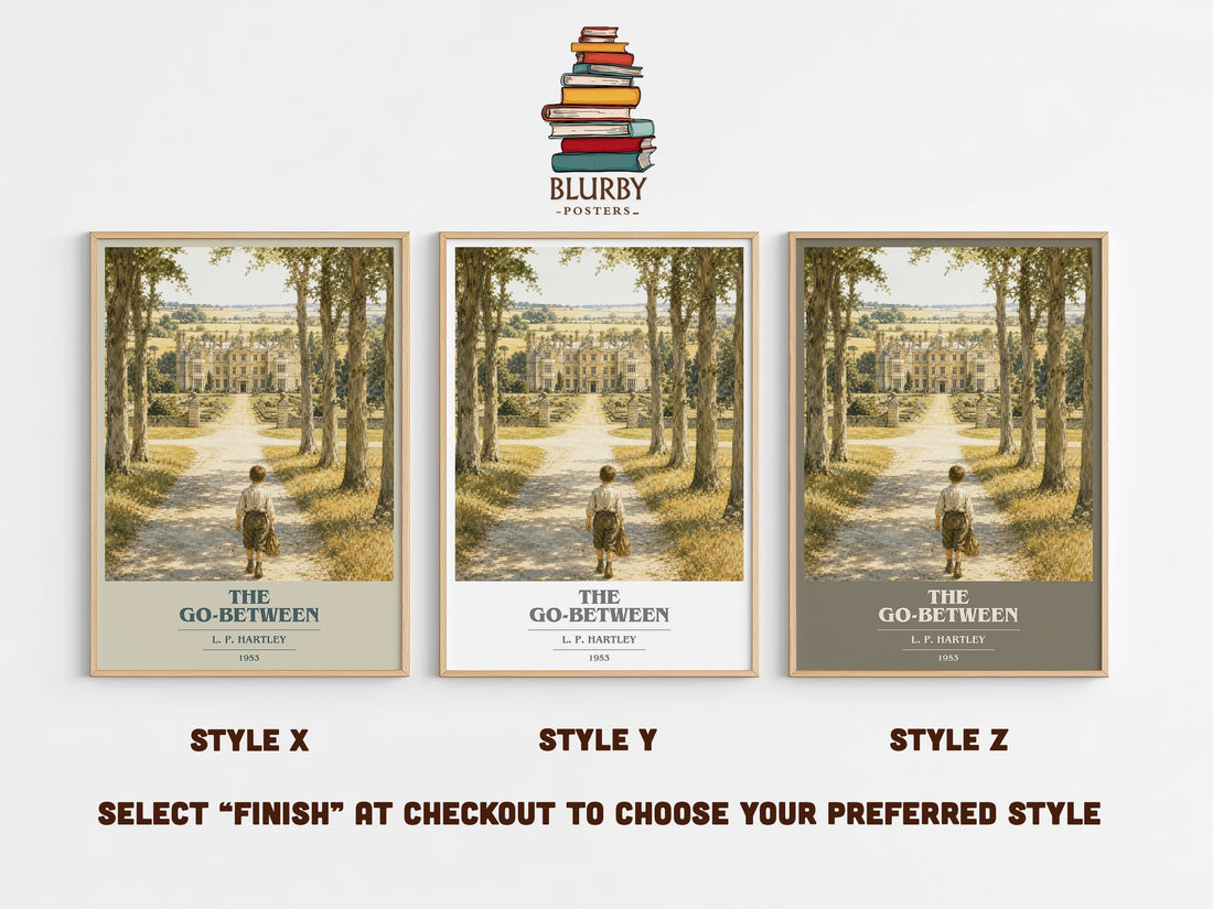 The Go-Between book cover print in frame leaning in hallway – classic literature wall art (mockup)