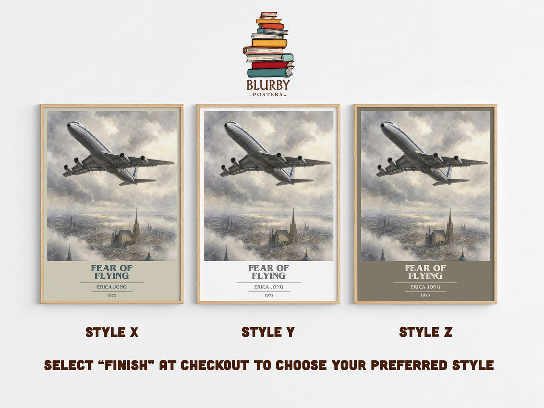 Fear of Flying book cover print in frame leaning in hallway – contemporary fiction wall art (mockup)