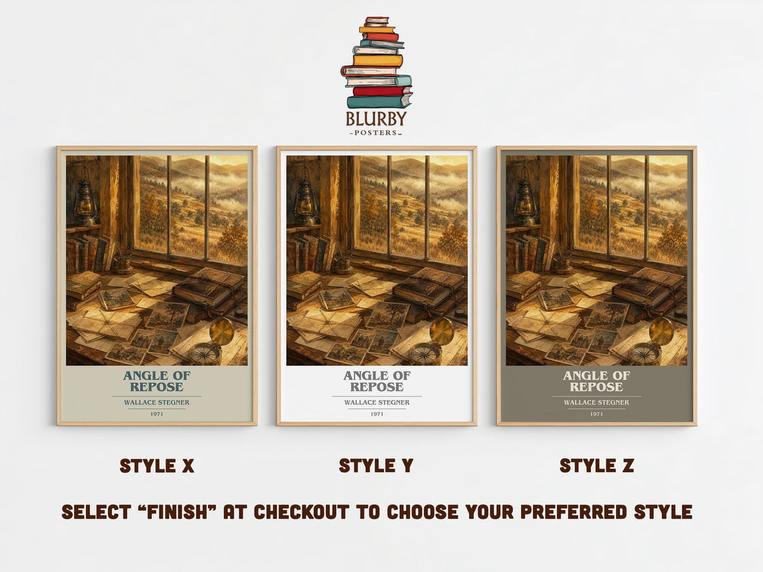 Angle of Repose book cover print in frame leaning in hallway – historical fiction wall art (mockup)