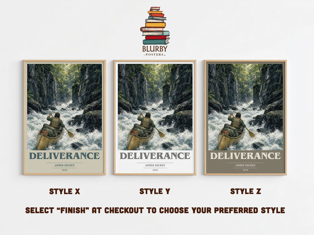 Deliverance book cover print in frame leaning in hallway – thriller wall art (mockup)
