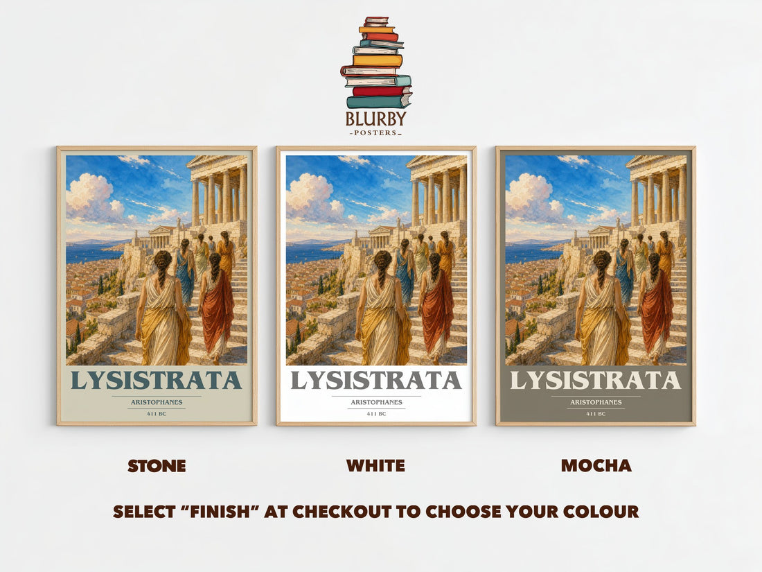 Lysistrata book cover print framed by window – Stone, White and Mocha side by side – choose your colour