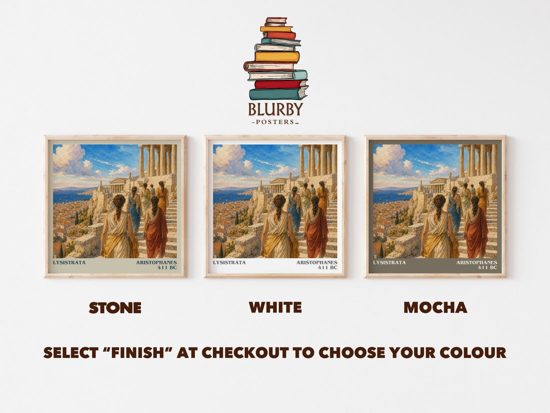 Lysistrata literary print framed by window – Stone, White and Mocha square prints side by side – choose your colour