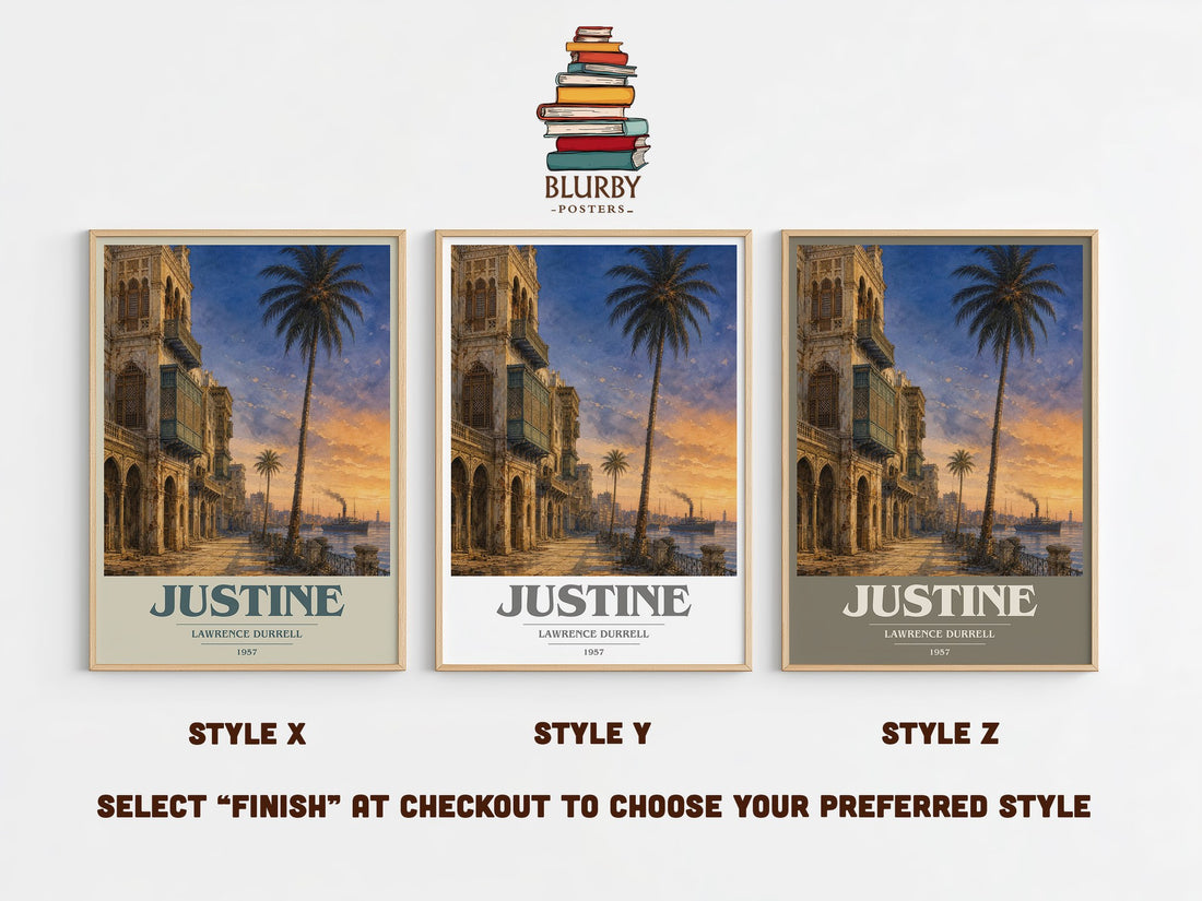 Justine book cover print in frame leaning in hallway – literary fiction wall art (mockup)
