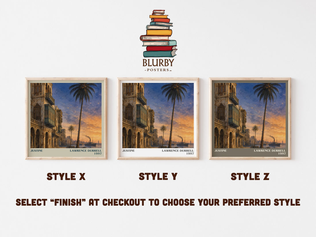 Justine literary print in frame leaning in hallway – literary fiction wall art (mockup)