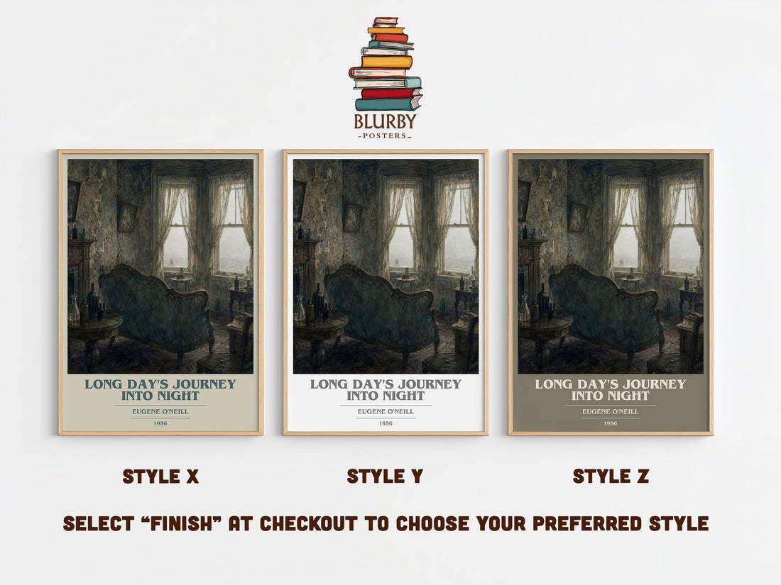 Long Day's Journey Into Night book cover print in frame leaning in hallway – literary fiction wall art (mockup)