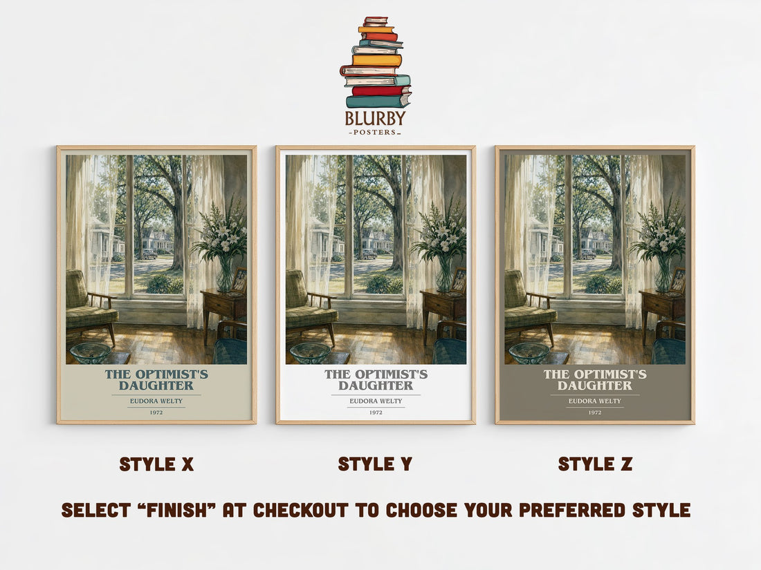 The Optimist's Daughter book cover print in frame leaning in hallway – literary fiction wall art (mockup)