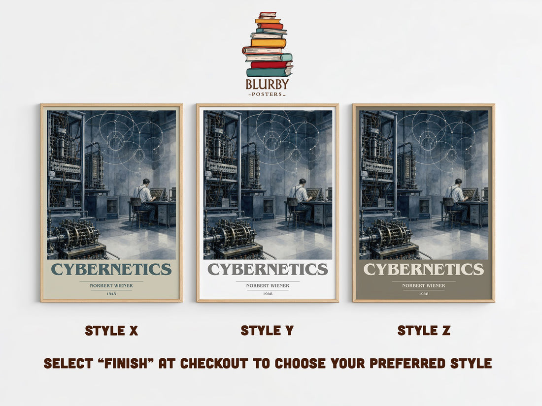 Cybernetics book cover print in frame leaning in hallway – __new__:educational wall art (mockup)