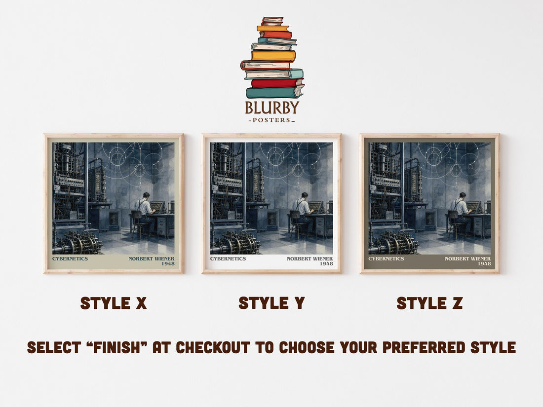 Cybernetics literary print in frame leaning in hallway – __new__:educational wall art (mockup)
