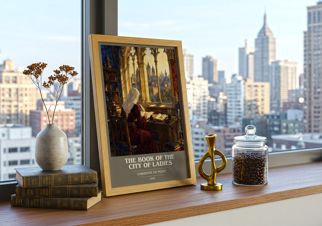 The Book of the City of Ladies book cover print framed by window – literary home decor