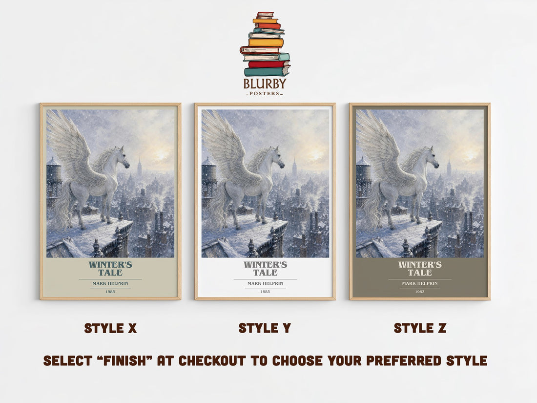 Winter's Tale book cover print in frame leaning in hallway – literary fiction wall art (mockup)