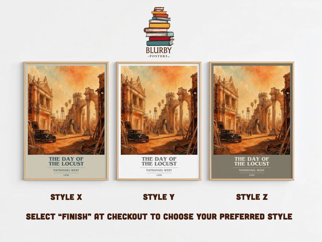 The Day of the Locust book cover print in frame leaning in hallway – satire wall art (mockup)