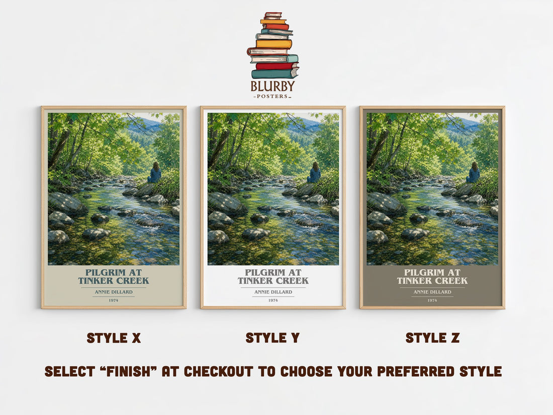 Pilgrim at Tinker Creek book cover print in frame leaning in hallway – non fiction wall art (mockup)