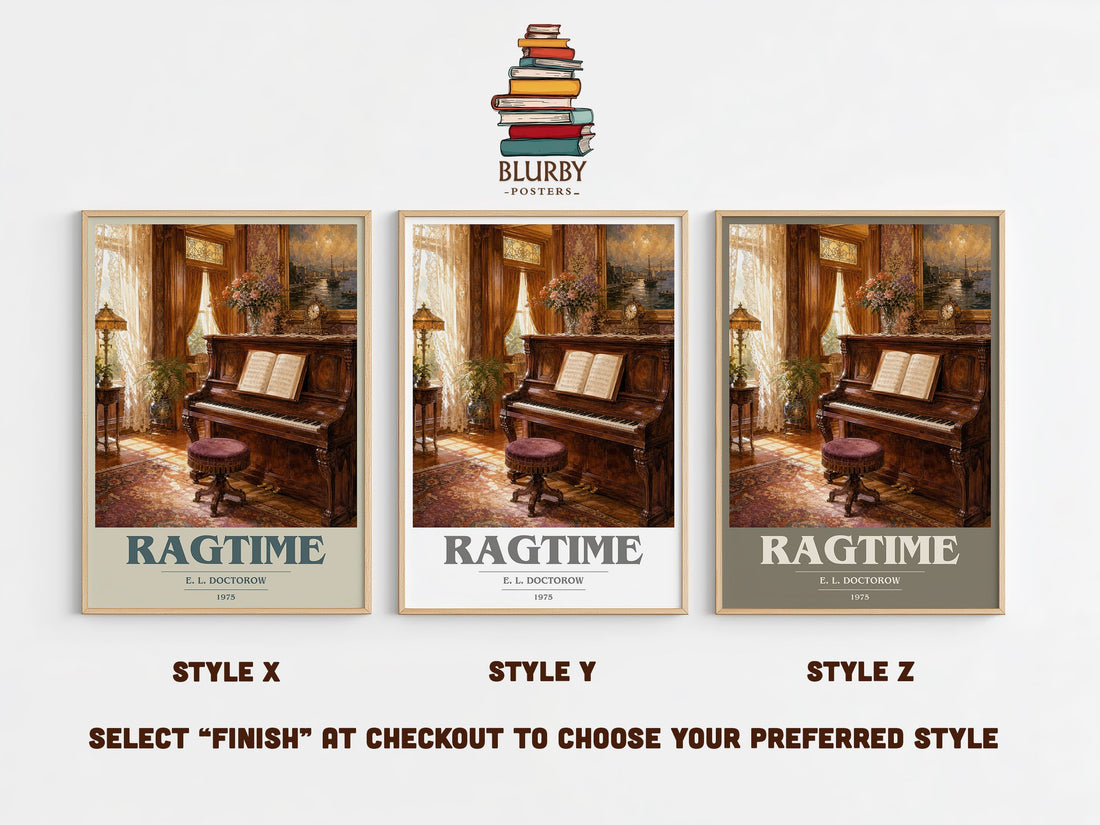 Ragtime book cover print in frame leaning in hallway – historical fiction wall art (mockup)