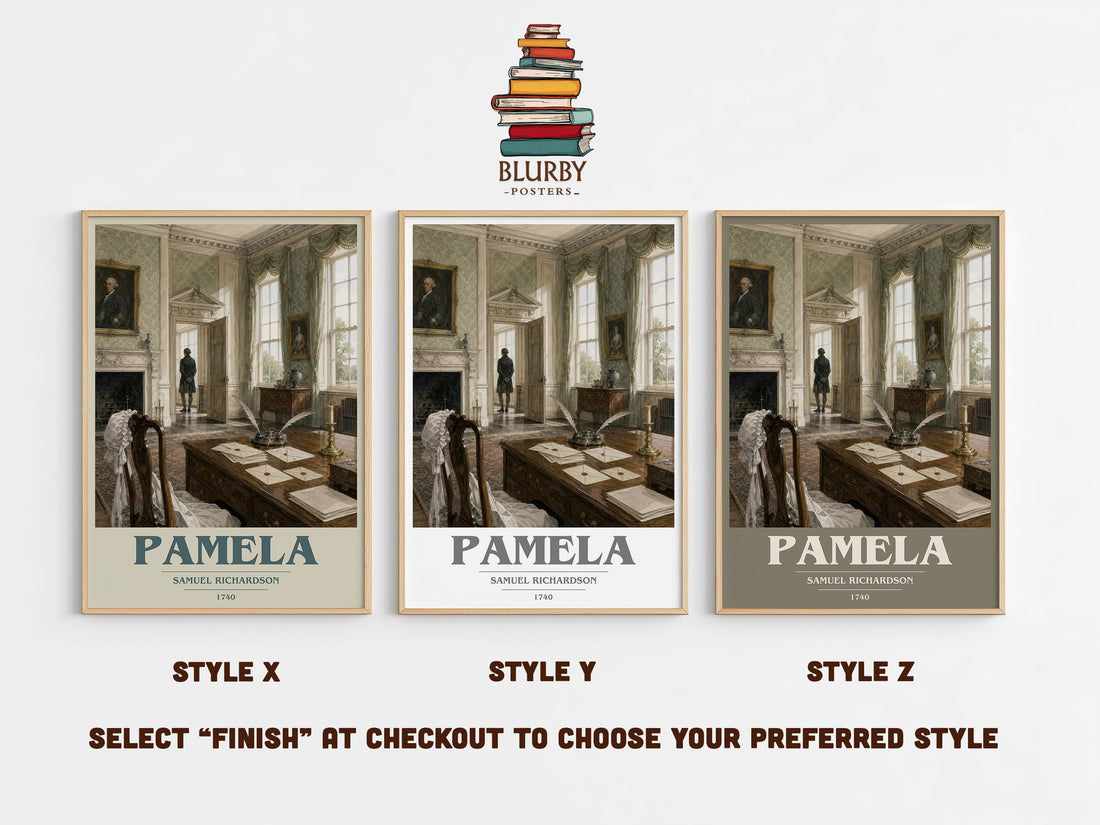 Pamela book cover print in frame leaning in hallway – classic literature wall art (mockup)