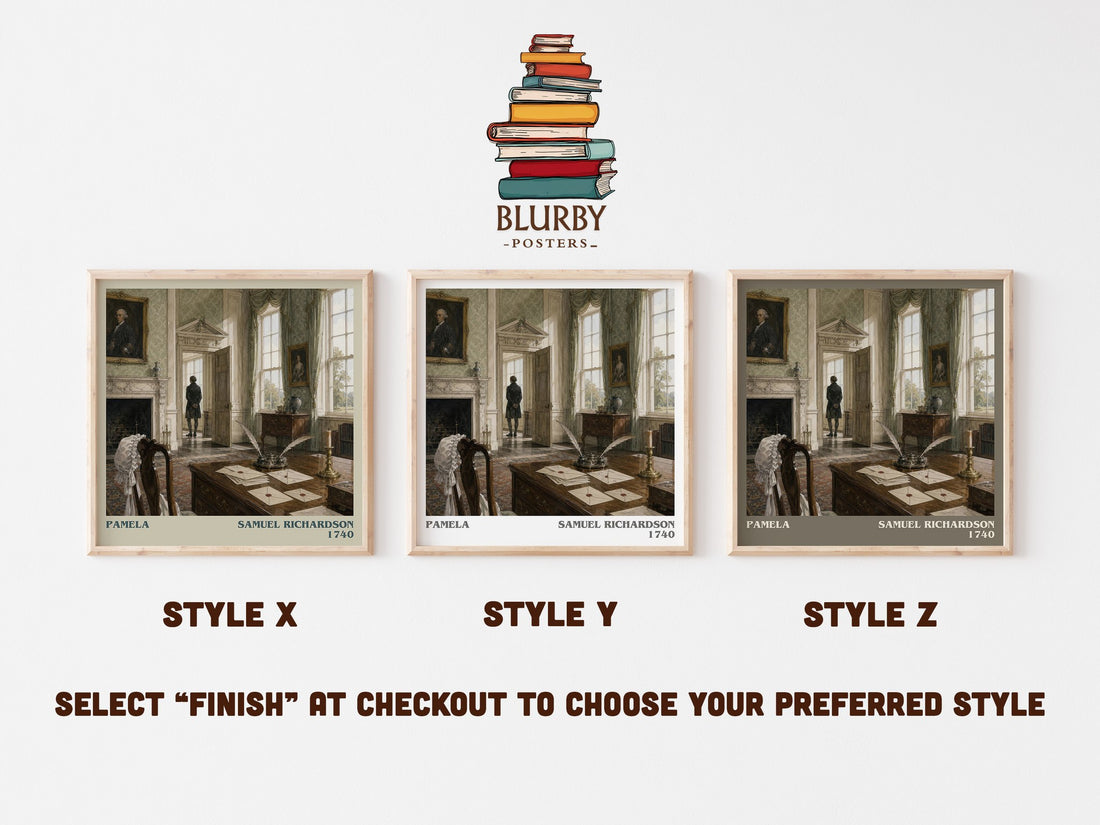 Pamela literary print in frame leaning in hallway – classic literature wall art (mockup)
