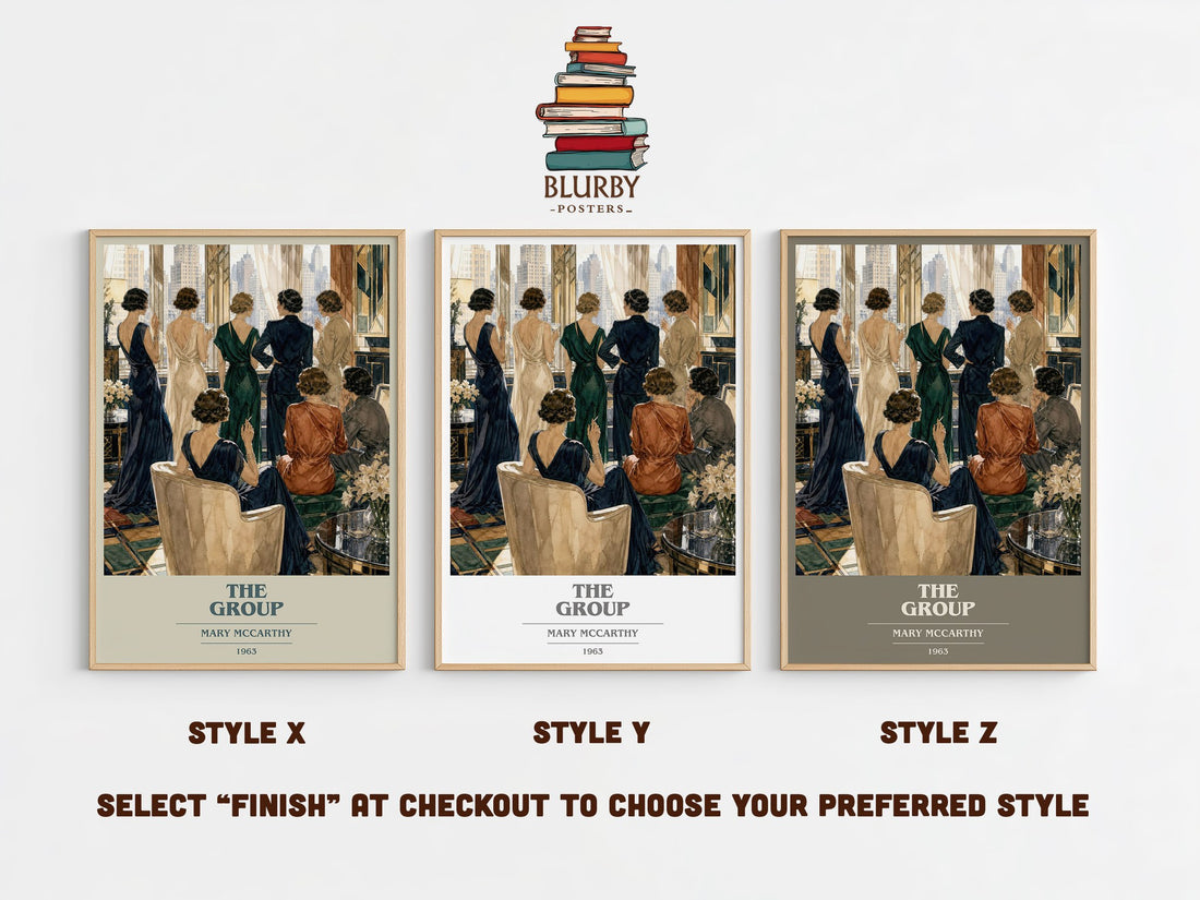 The Group book cover print in frame leaning in hallway – satire wall art (mockup)