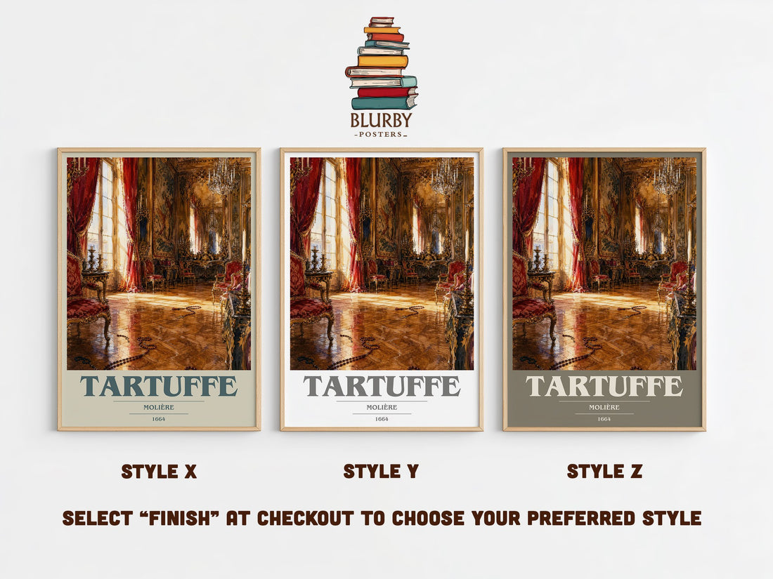 Tartuffe book cover print in frame leaning in hallway – satire wall art (mockup)