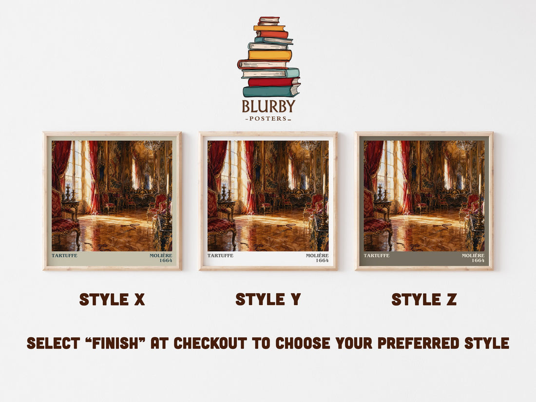 Tartuffe literary print in frame leaning in hallway – satire wall art (mockup)