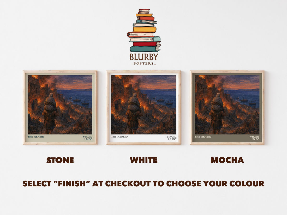 The Aeneid literary print framed by window – Stone, White and Mocha square prints side by side – choose your colour